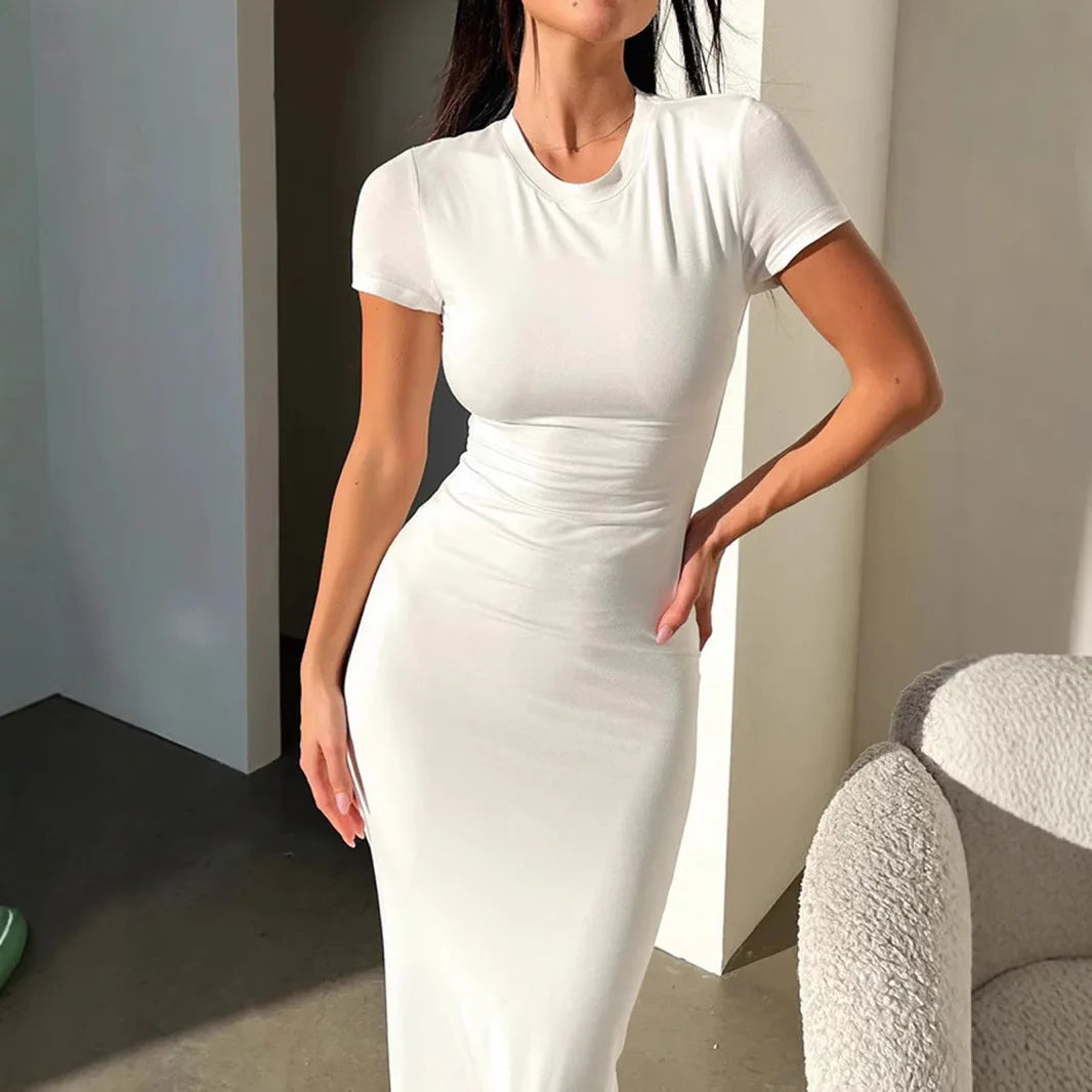 Sexy Skinny Women's Bodycon Party Dress Fashion O-neck Short Sleeve Solid Color Wraped Hip Package Long Dress Female Sexy Dress