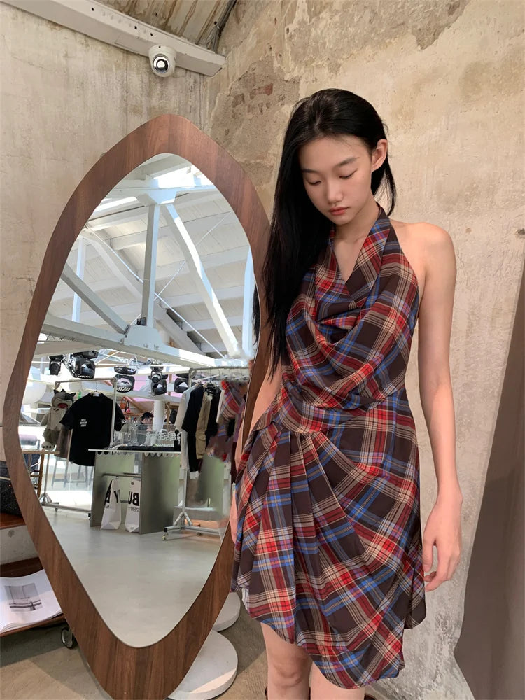CHEERART Cowls Backless Plaid Summer Halter Dress Women 2025 Designer Vintage Sleeveless Ruched Mini Dress Clothes