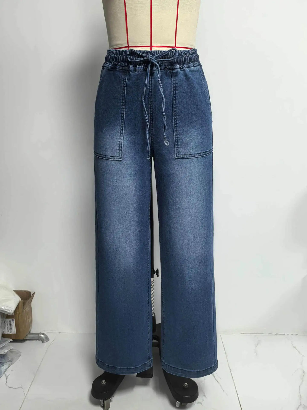 Chic High Waist Drawstring Denim Pants Women's Straight Wide Leg Jeans Fashion Trousers
