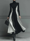 Elegant Black White Patchwork Maxi Dresses Women Fashion Turtleneck Long Sleeves Slim Dress New Female Evening Party Robes