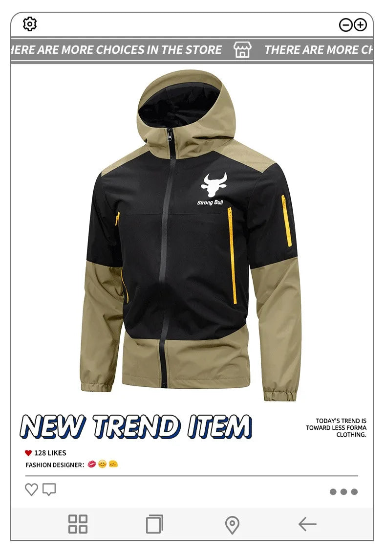 Men's Windproof Waterproof Hooded Jackets Big Pockets High Street Print Outdoor Windbreaker Coat for Hiking Trekking Streetwear