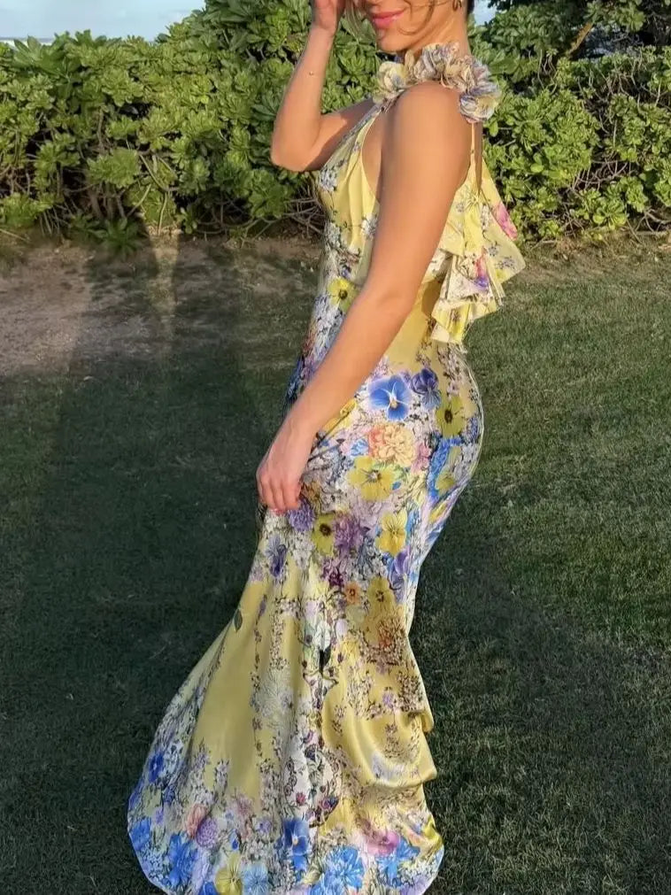 100% Silk Women Floral Print Sling Robe V-Neck Sleeveless High Waist Elegant Slim Yellow Maxi Dress