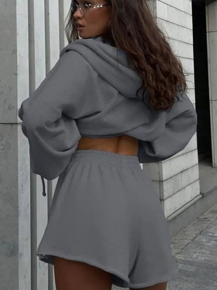 Women's Outfit Long-Sleeve Hooded Drawstring Sweatshirt Shorts Set Two-Piece Sets Sports Suit Sportswear Streetwear Trendy