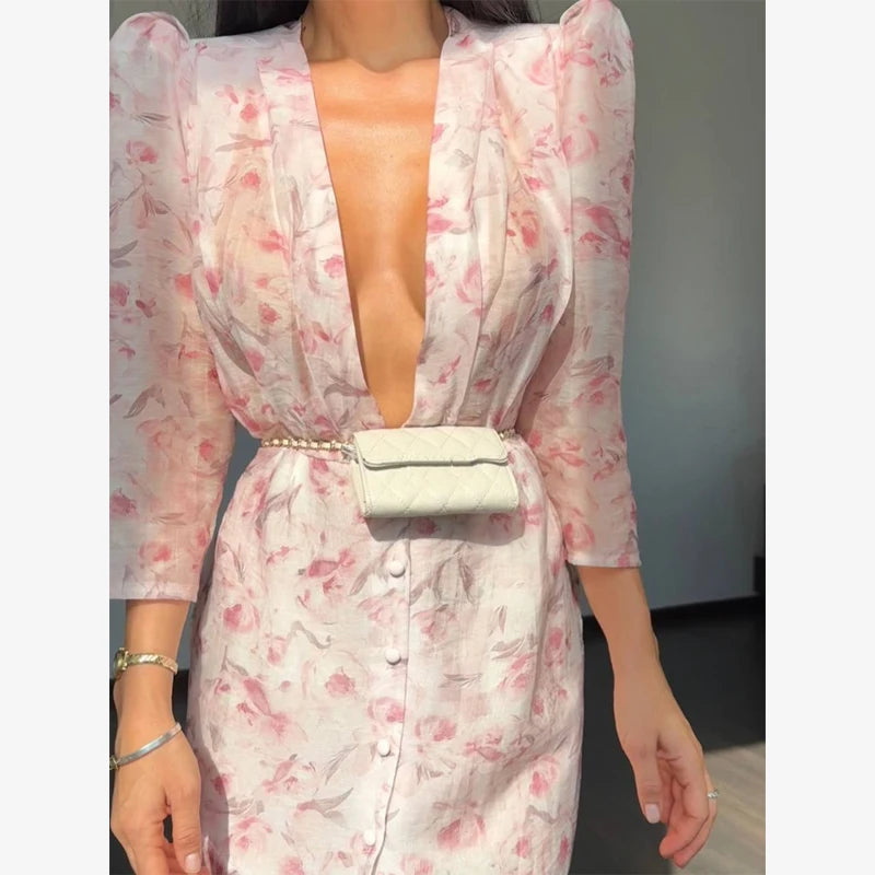 Women Floral Print Short Sleeve Maxi Dress Fashion V-neck Ruffle Trim Belted Slit Hem Dresses Casual Lady Daily Vacation Gowns