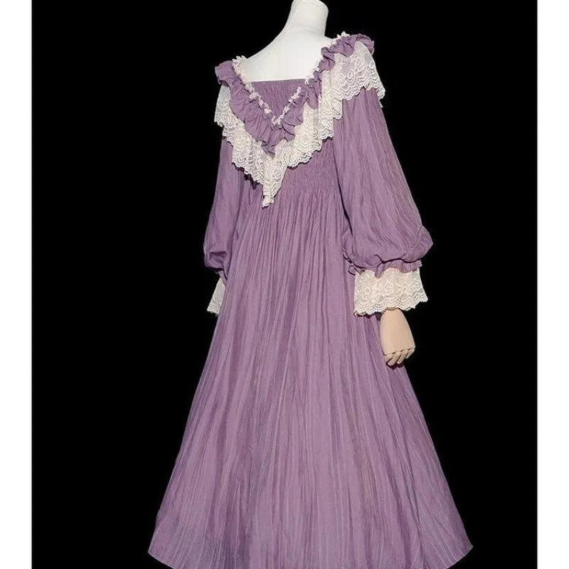 Nicemix Purple Classic Vintage Lantern Sleeve Lolita Dress Spring Lace Spliced Sweet Slimming A-line Dress