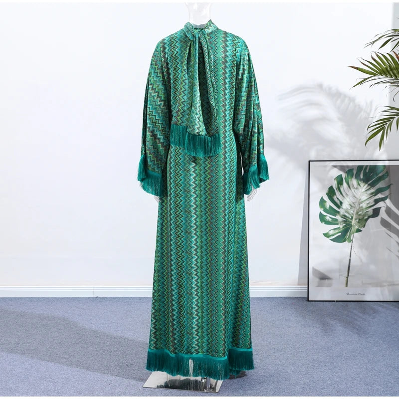Elegant Tassel Hem Long Dress Women Loose V-neck Full Sleeve Scarf Dresses 2025 Autumn Party Evening Dresses Luxurious Lady Robe