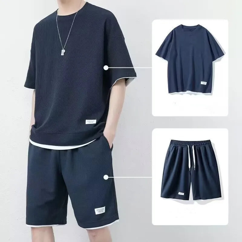 Summer Solid Waffle Tracksuits 2026 Men's Short Sleeve Shorts Casual Two Piece Sets Loose Breathable Men Clothes Joggers Outfits