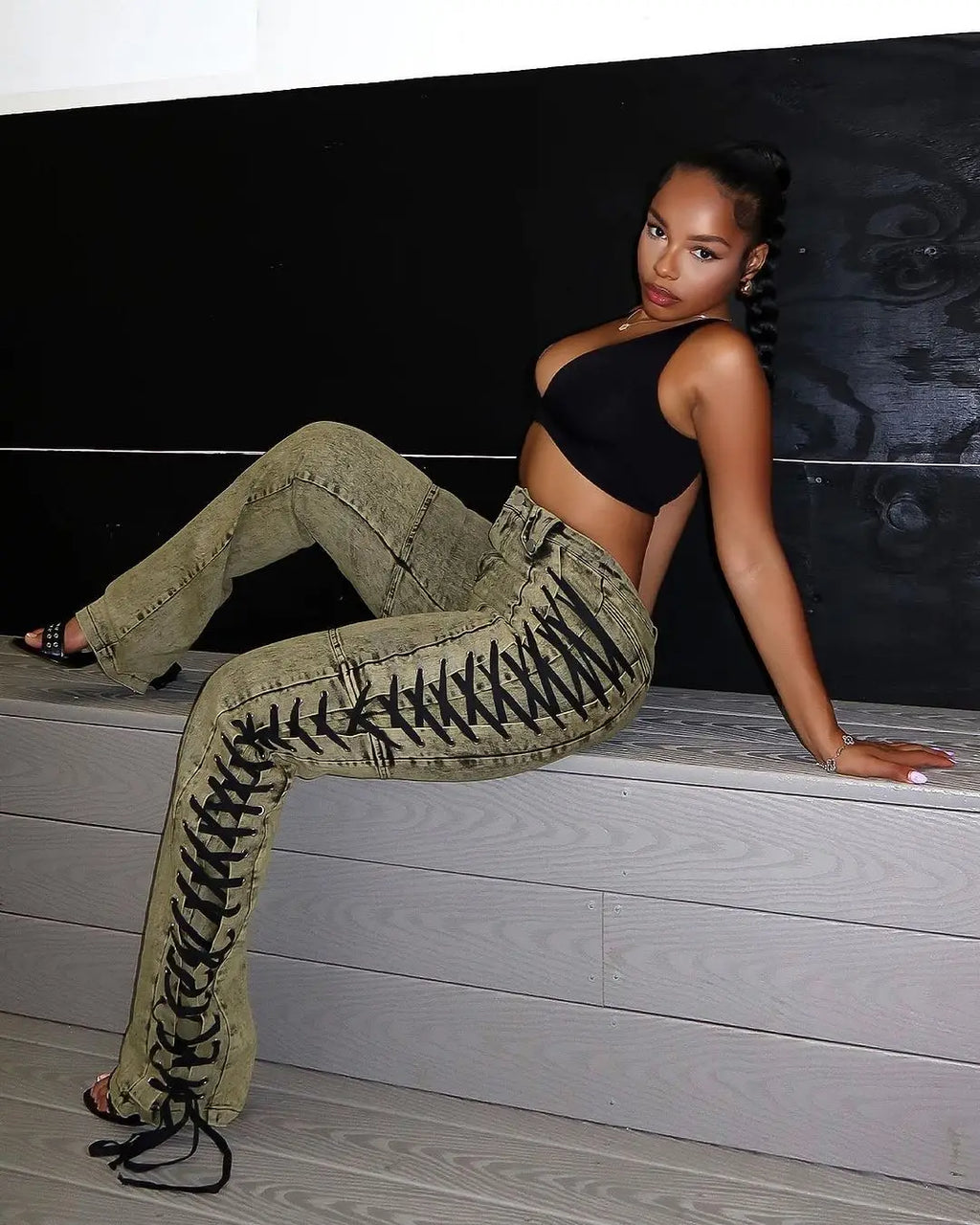 Europe America New Fashionable Women's Straight-leg High-waisted Jeans, Featuring Lace-up Straps and Drawstrings for Hot Girls