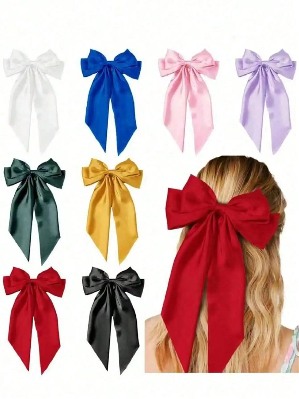 8 Ladies Satin Large White pink Red Blue Black Ribbon bow Oversized bow Long tail hair clip spring clip ponytail Hair accessorie