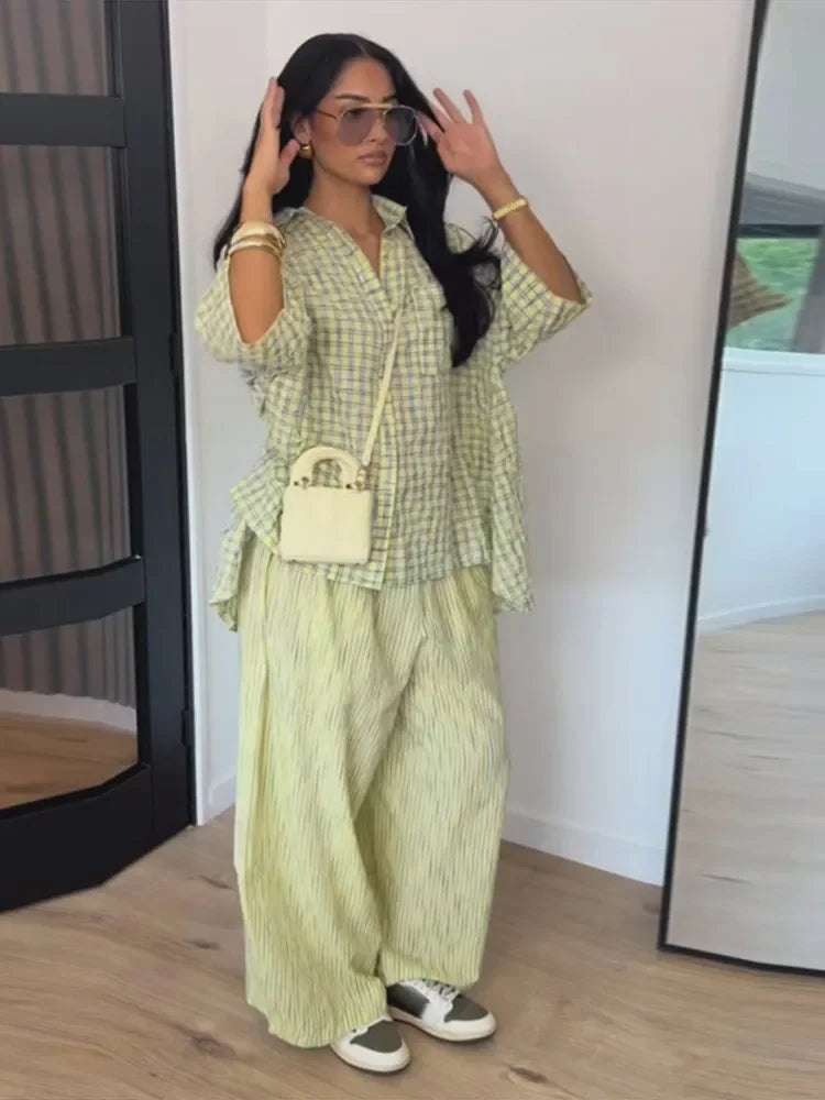 Casual Women's Plaid Blouse Pants Set Loose Lapel Single Breasted Half Sleeve Blouses Wide Leg Pant 2026 Summer Lady Suit