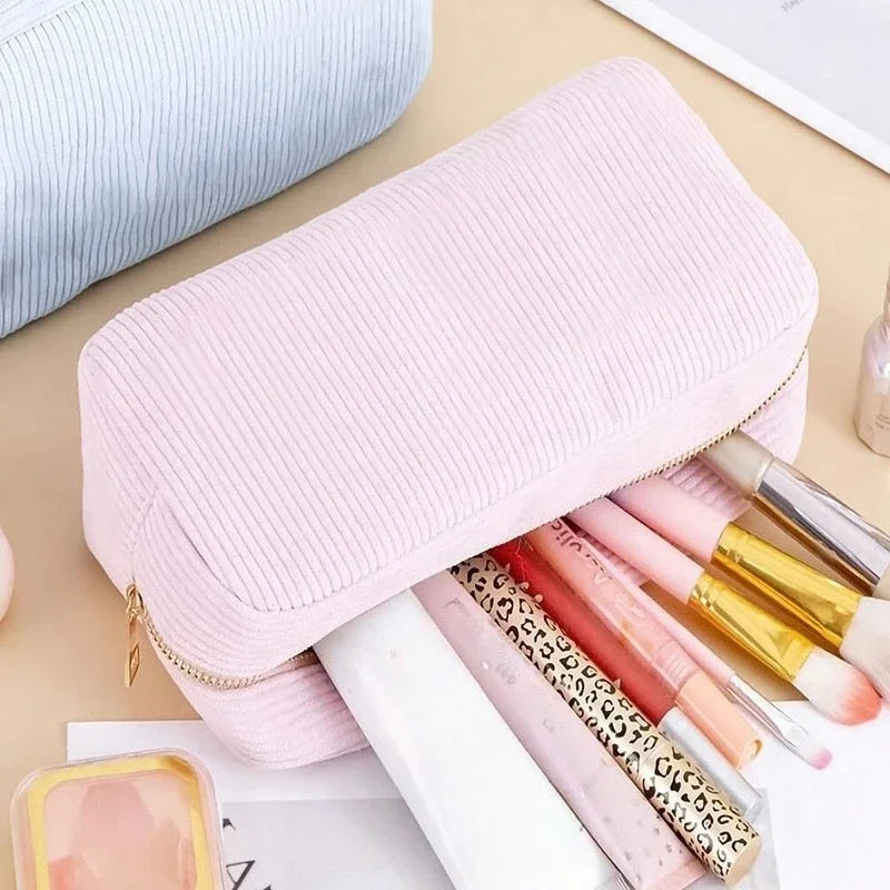 Cute Corduroy Cosmetic Bag for Girls Spacious Makeup Pouch Durable Stationery Organizer Pencil Case School Office Supplies