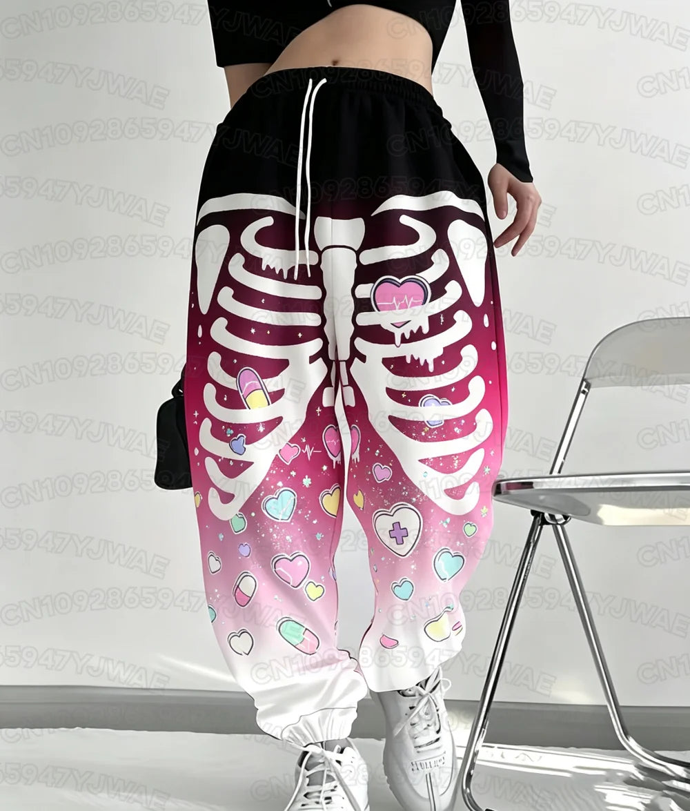 Spring and Autumn Women's Men's Skull Print Street Style Pastel Goth Hip Hop Yami Kawaii Y2K Kawaii Creepy Long Jogger Pants