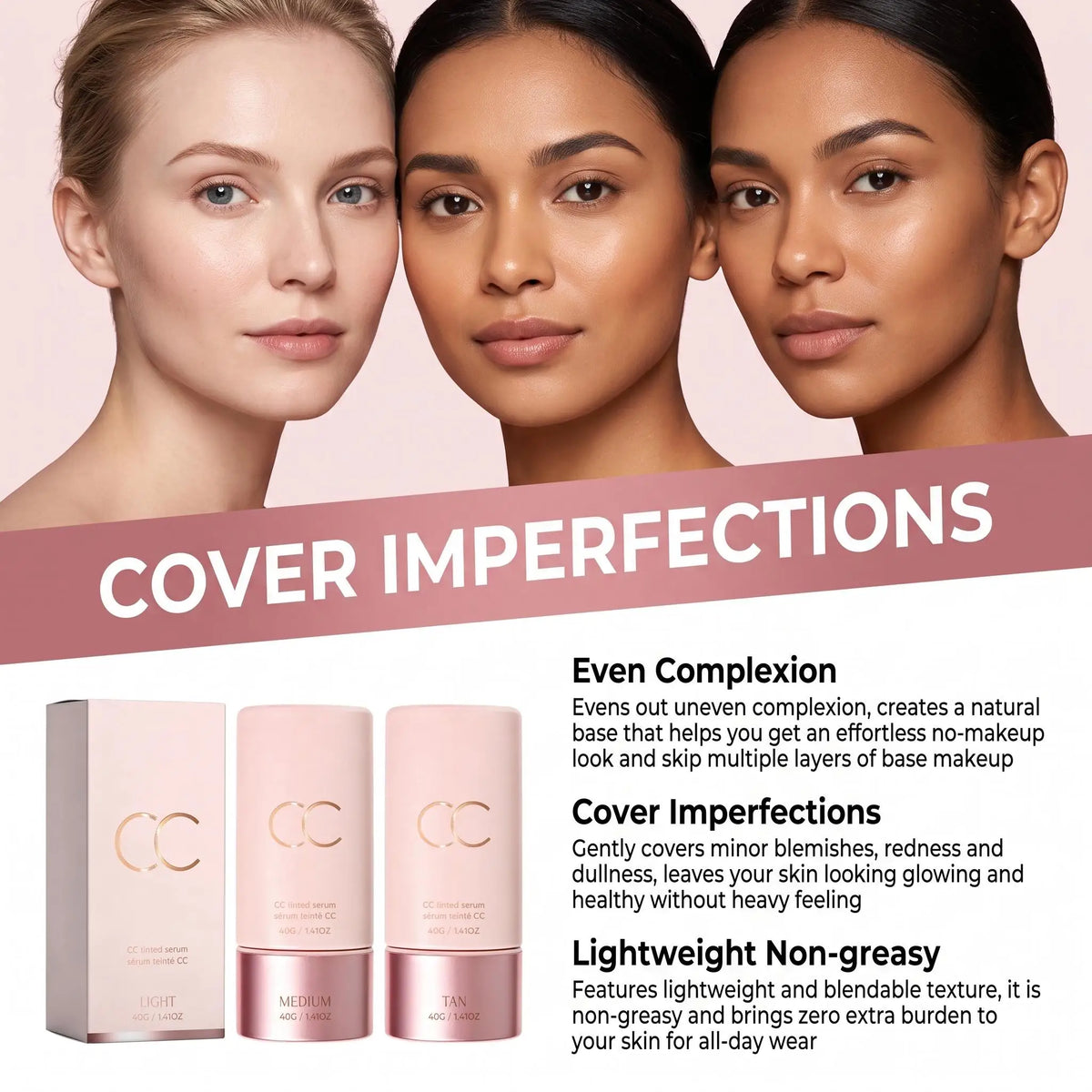 CC Tinted Serum Color Correcting Tinted Serum Self Adapt Skin Tone No Caking Natural Nude Lightweight Coverage Foundation Serum