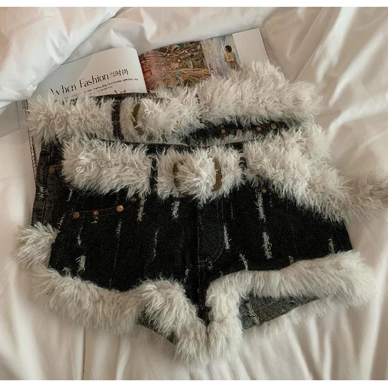 Belt Furry Denim Shorts Women 2024 New Fashion Loose Casual Pocket Sexy Shorts Denim Shorts Female Short Pants Zipper Jeans