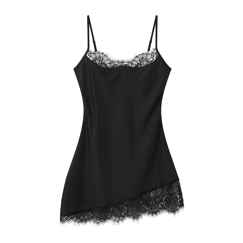 Black Lace Trim See Through Sling Dress Women Waist Cinched Slim Fit Sleeveless Vestidos 2026 Lady Daily Party Short Gowns