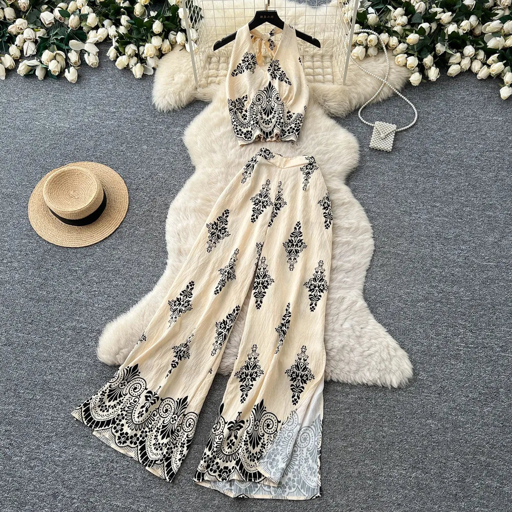 Women's Summer Two Pieces Bohemian Vacation Printed Halter Neck Sleeveless Top High Waist Wide Leg Pants Two-piece Set TP044