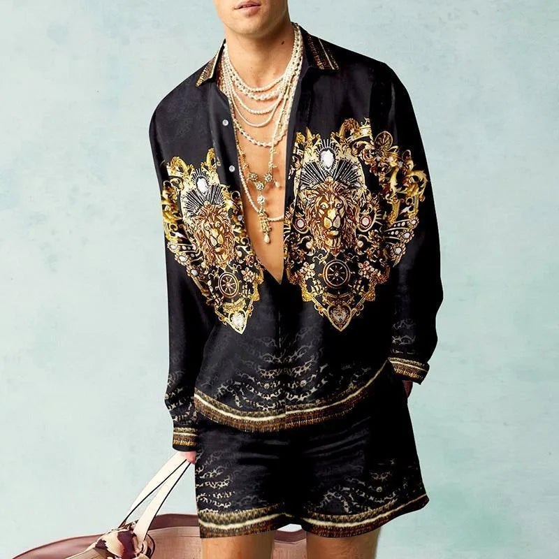 2PCS Suits Men Fashion Shirts+Shorts Two Piece Sets Hawaii Shirts Luxury European Shirt Sets Beach Vocation Outfits Streetwear