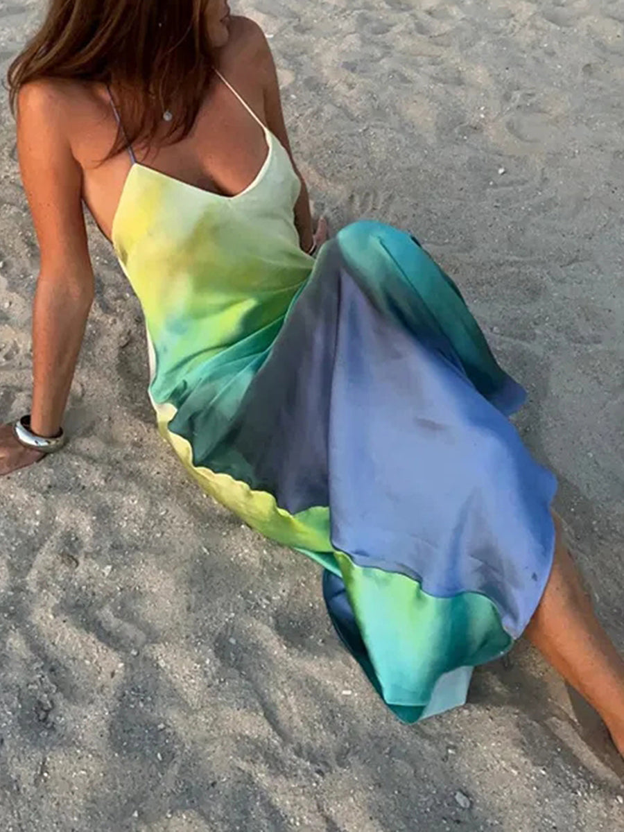 Women's Summer Cami Long Dress Gradient Color Spaghetti Strap V-Neck Backless Beach Party Dress Sundress Beachwear