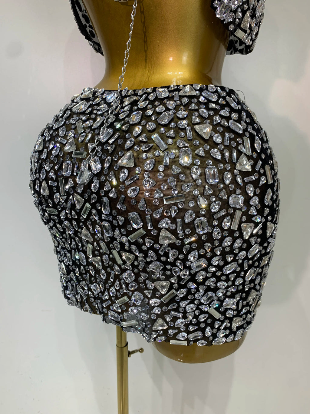 High Quality Sparkling Rhinestone Sexy See Through Blackless Top Skirt Two Pieces Set Woman Luxury Birthday Evening Party Gowns