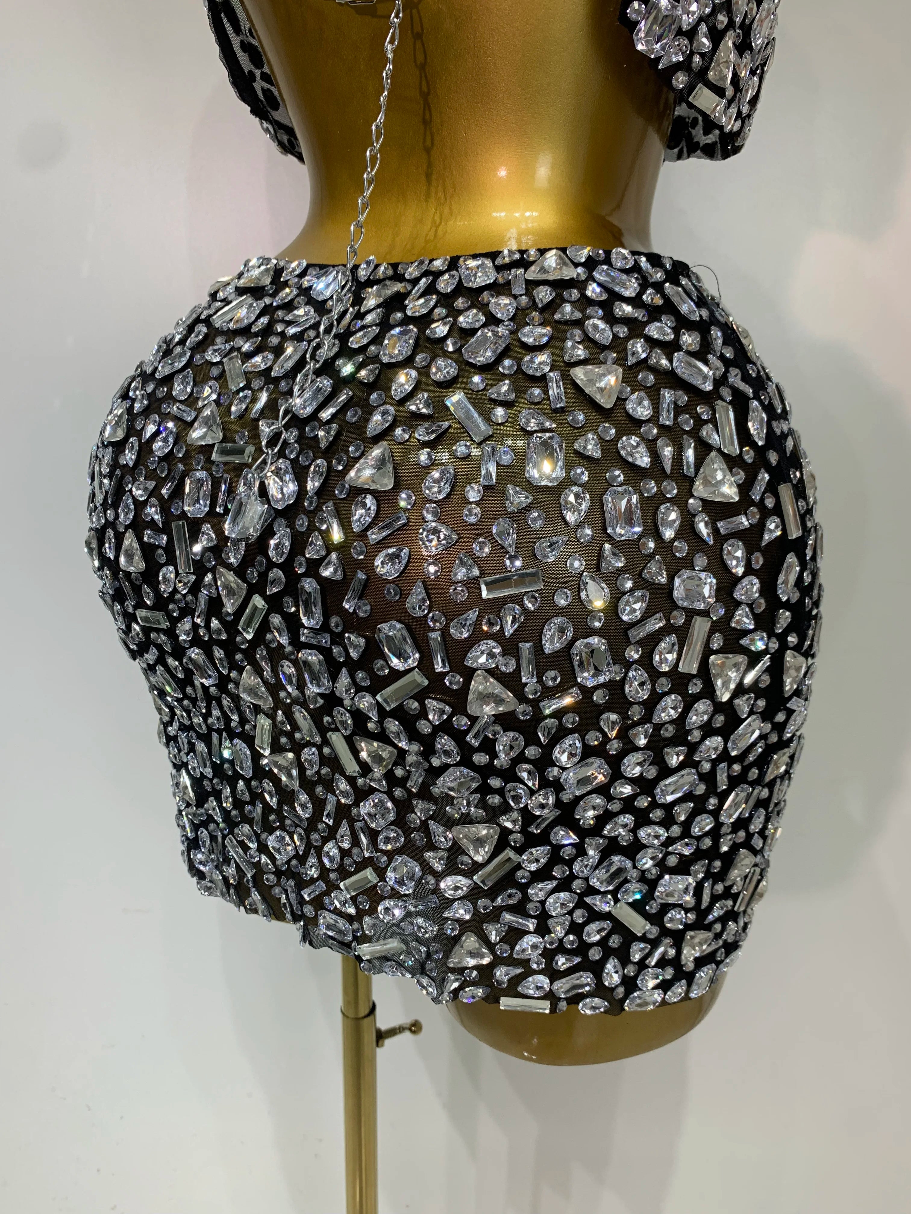 High Quality Sparkling Rhinestone Sexy See Through Blackless Top Skirt Two Pieces Set Woman Luxury Birthday Evening Party Gowns