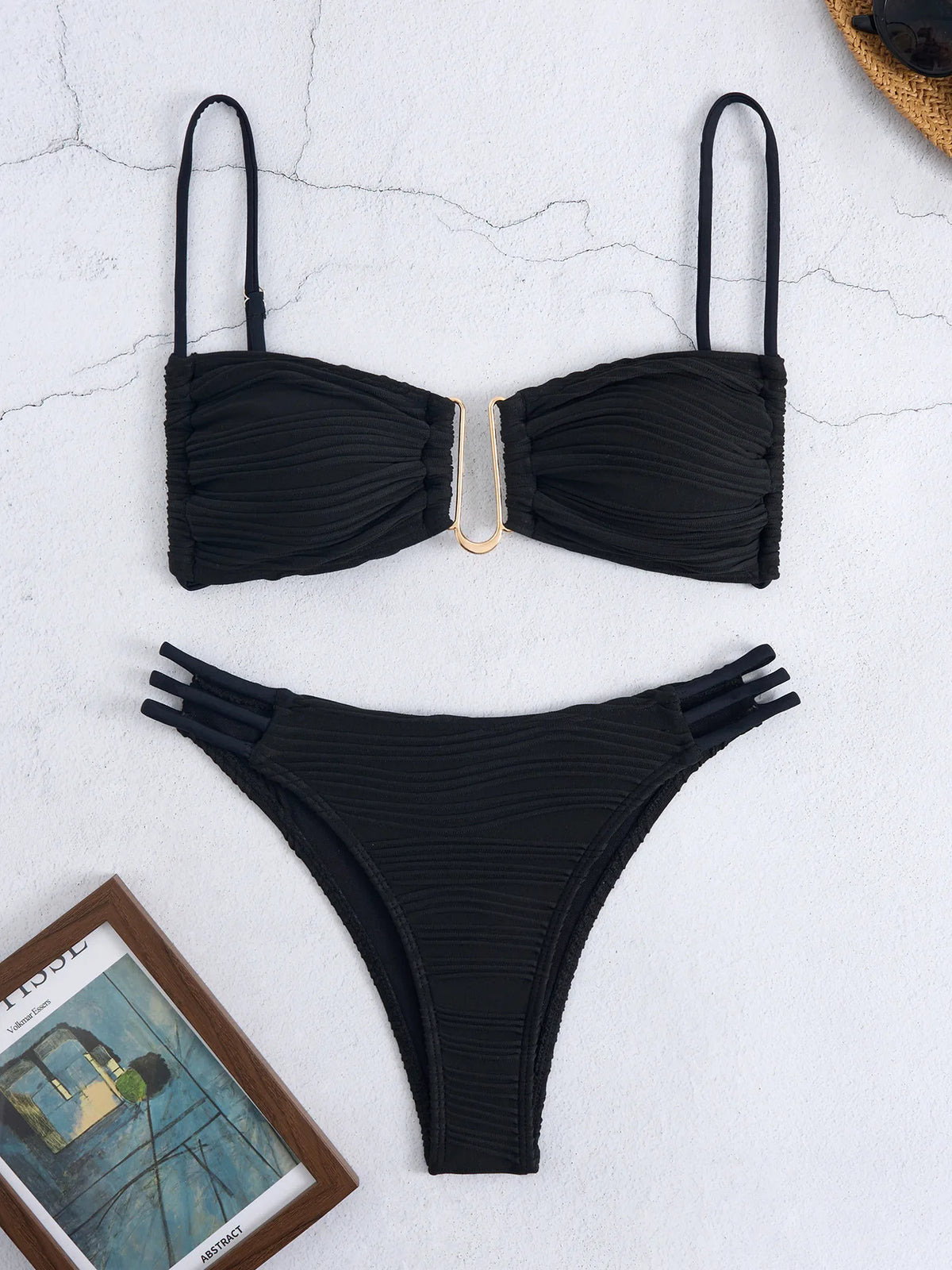 Color Block Ruched Bikini Swimsuit Thin Shoulder Straps Square Metal Ring Bikini Top Multi Strap Brief Fashion Bathing Suit