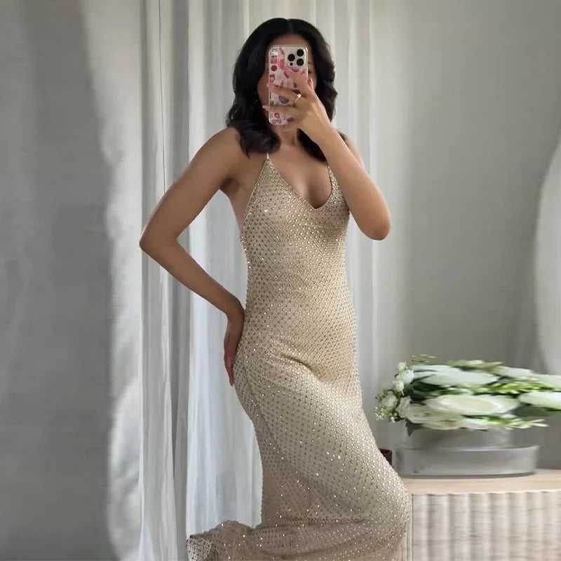 Stylish Rhinestones Dresses Elegant Women Sleeveless Backless Glitter Hip Package Dress 2025 New Crystal Lady Evening Party Robe