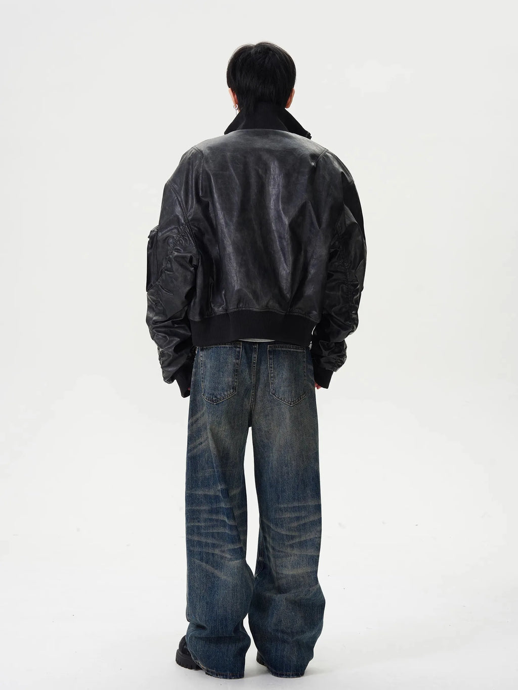 Mauroicardi Spring Autumn Cool Oversized Washed Black Pu Leather Bomber Jacket Men Zip Up Luxury Designer American Style Clothes