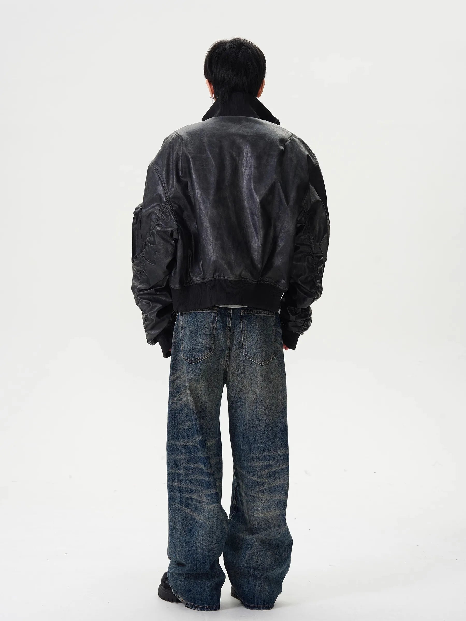 Mauroicardi Spring Autumn Cool Oversized Washed Black Pu Leather Bomber Jacket Men Zip Up Luxury Designer American Style Clothes