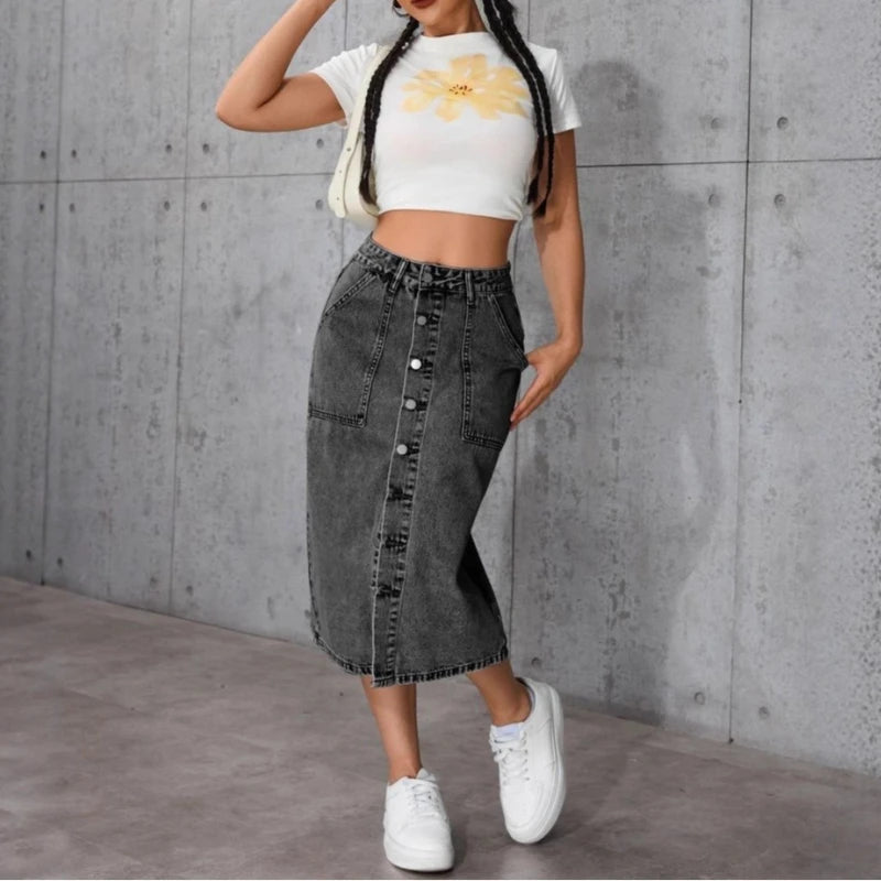Tight Elastic Medium and Long Denim Slim Bottom Knee Split One Step Hip Wrap Skirt