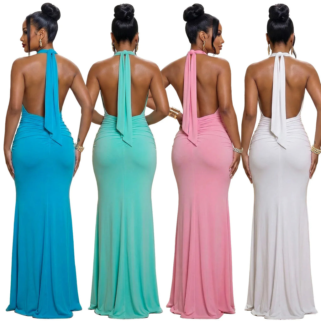 EINY Sexy Women White Halter Maxi Dress Elegant Backless Ruched Bodycon Long Gown Party Club Night Birthday Mermaid Dresses Y2K