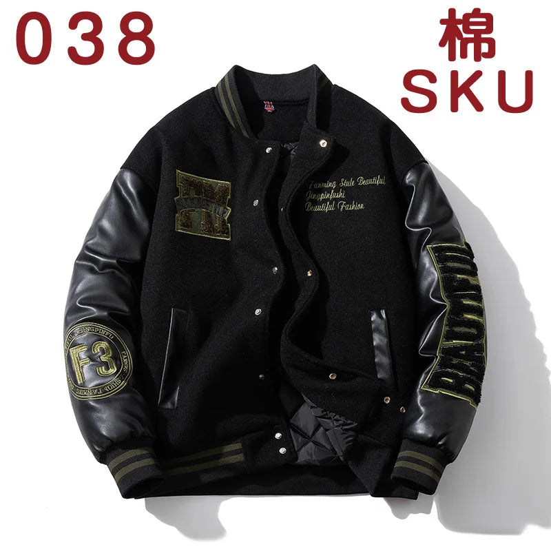 Vintage Letter Embroidered Baseball Jacket Cotton Coat Men's Winter Leather Sleeve Patchwork Woolen Thicken Overcoat