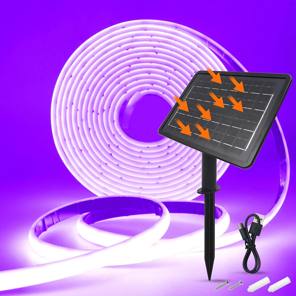 Solar Neon Light Strip 24V COB Waterproof IP68 Flexible LED Tape Red Green Blue Warm White 320LED/m High Density Linear Lighting