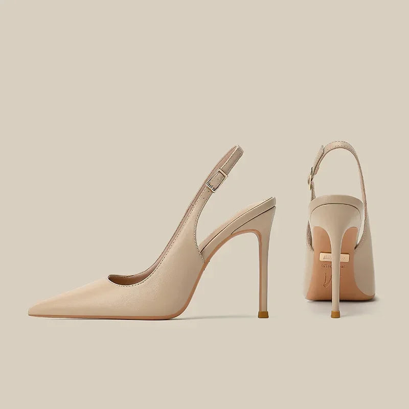 2026 New Slim Heel Flat Buckle Toe Back Empty Sandals with Pointed Soft Leather Toe Strap for Women's Commuting Single Shoes
