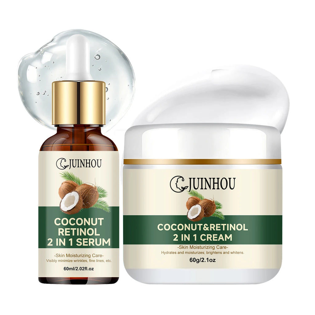 JUINHOU Coconut Oil Moisturizing Set Cream & Serum Controls Oil Hydrates Soothes Sun-Induced Redness Suitable For Daily Skincare