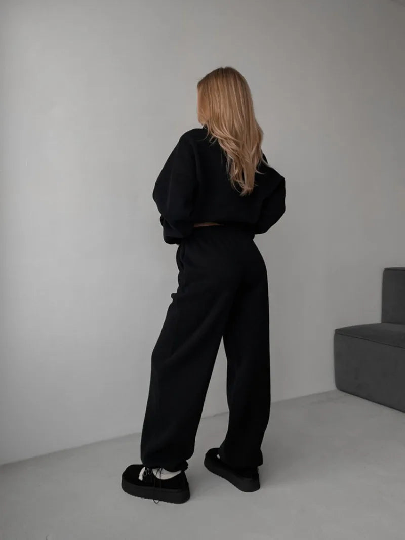 Women's Casual Suit Solid Color Long Sleeve Hooded Cardigan Pocket Sweater Elastic Pants Two-piece Set