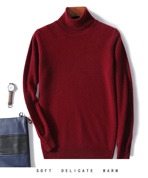 Men Turtleneck Cashmere Pullover 100% Pure Wool Knitwear Sweater Basic Solid Smart Casual Jumper Male Tops Autumn Winter