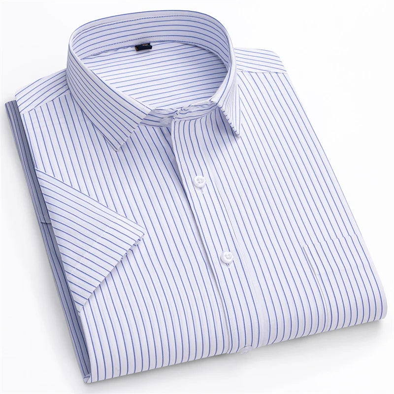 Men Formal Shirt Short Sleeve Office Solid Color Striped Fashion Business Pocket White Social Shirt Men's Clothing 5XL 6XL