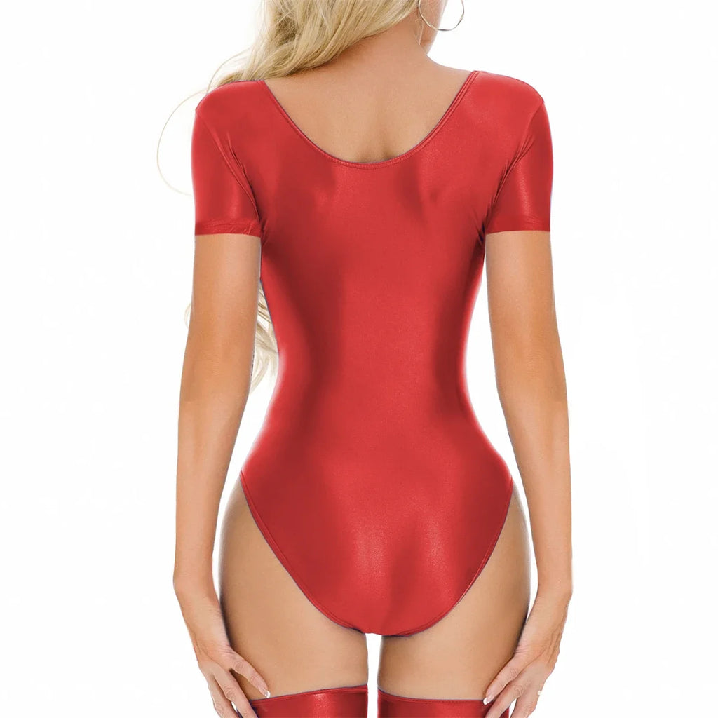 Women Sexy Bikini Leotard Solid Color Oil Shiny Smooth Bodysuits Short Sleeve Swimwear Rompers Transparent Yoga Fitness Catsuits