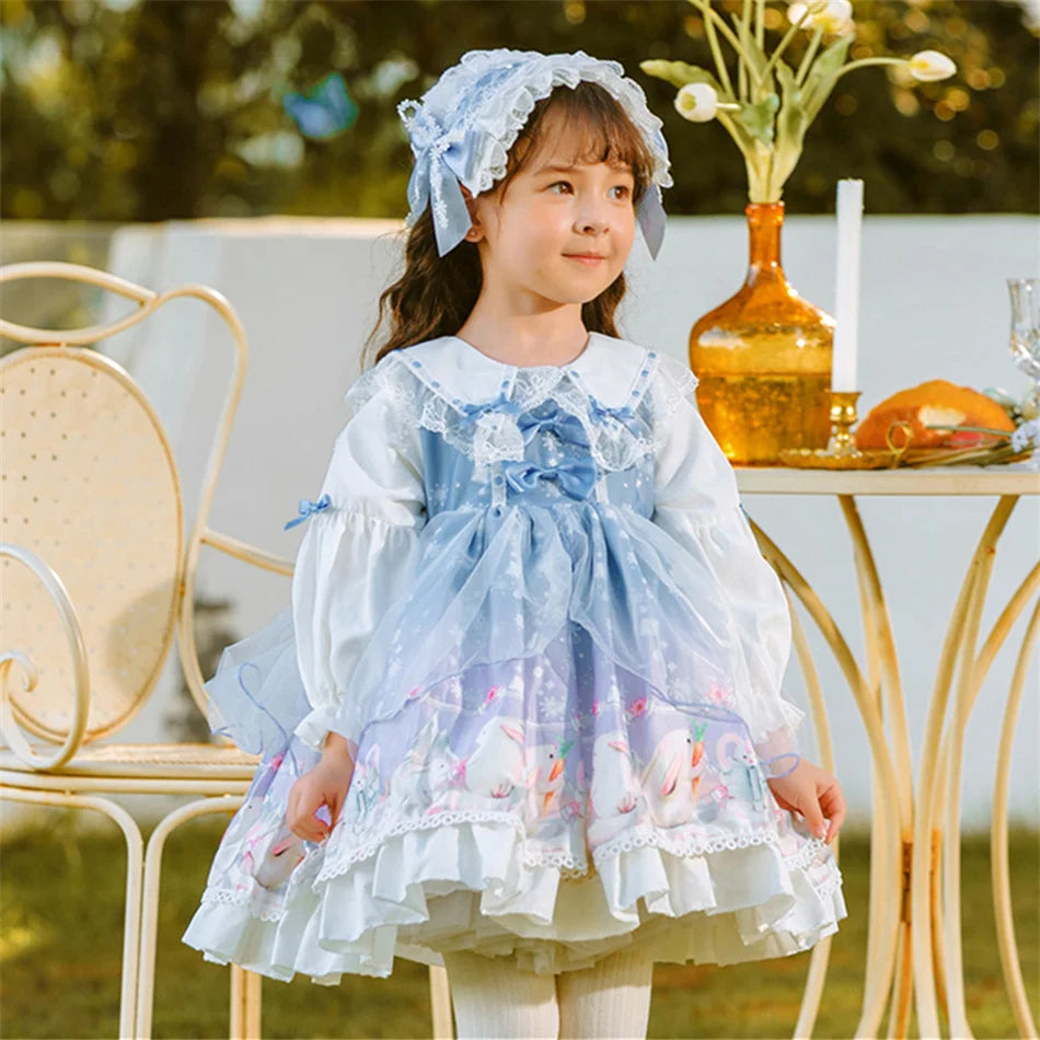 Kids Spring Autumn Lolita Dress Princess Long Sleeves Fancy Luxury Cute Costume Girls Floral Lace Vestido Toddler Birthday Gift