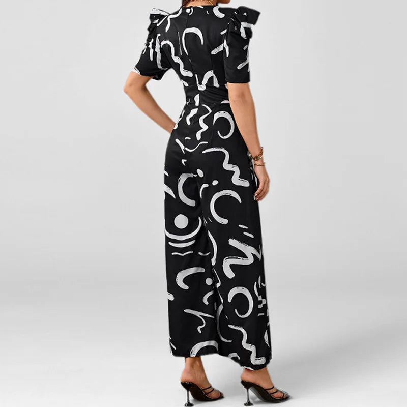 2026 spring new short-sleeved V-neck printed temperament elegant commuter style high waist wide leg jumpsuit