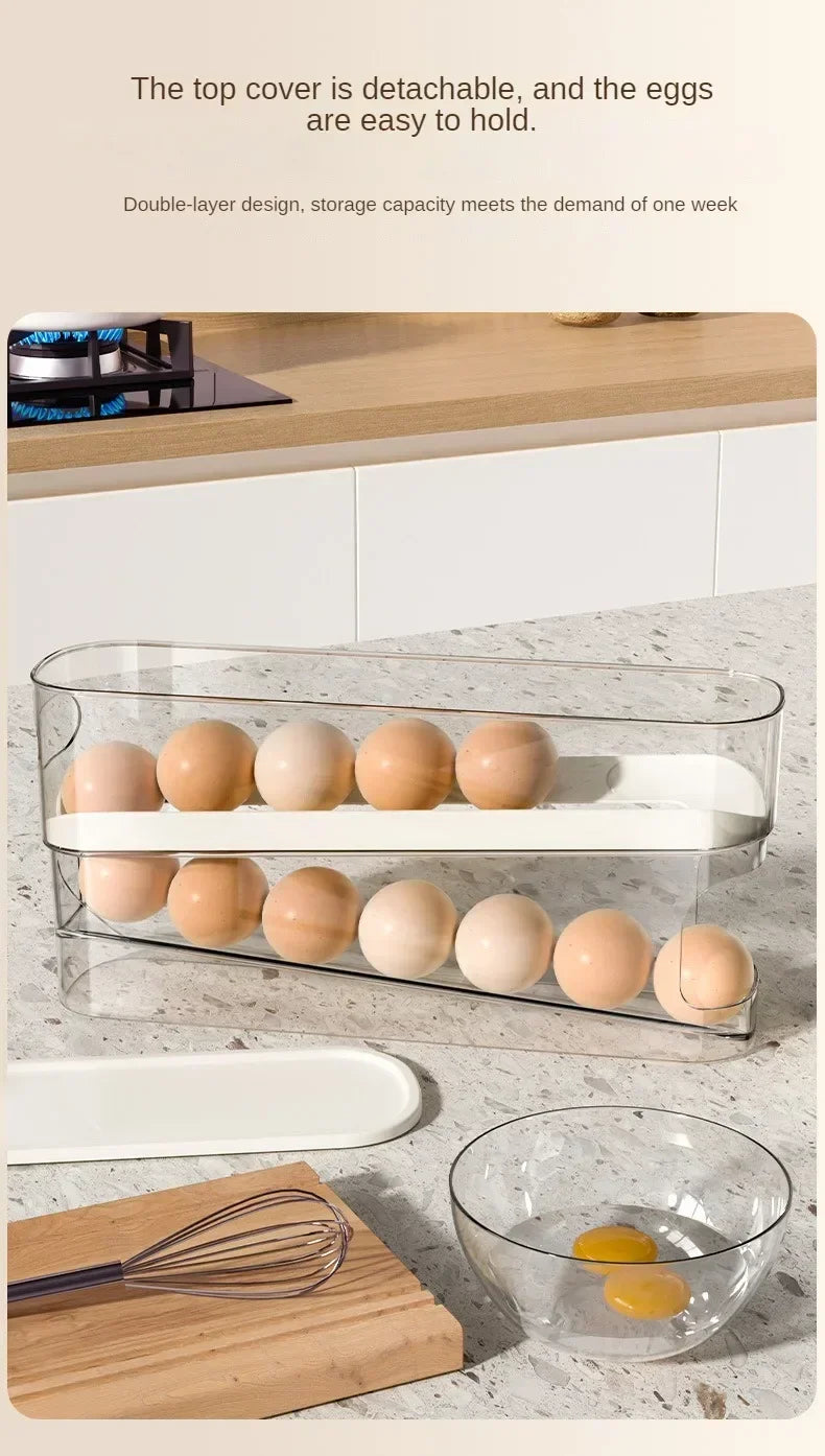 Double Layers Egg Storage Box Refrigerator Automatic Rolling Slide Egg Rack Refrigerator Side Door Freshness Box Kitchen Storage