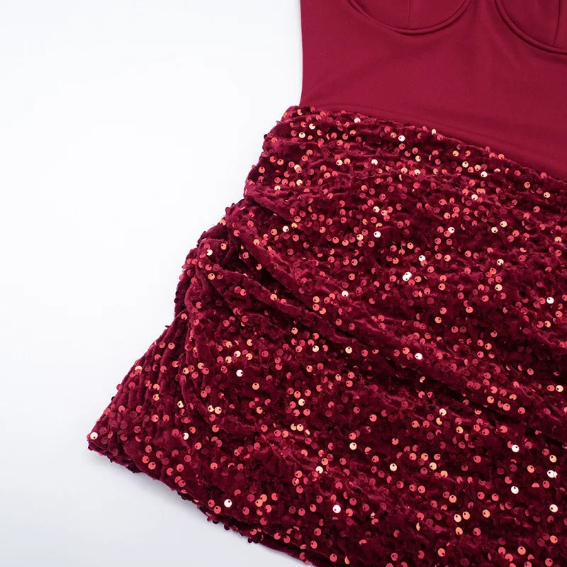Chic Sequin Patchwork Strapless Mini Dress Women Scarf Collar Off-shoulder Waist Cinching Pleated Robe Lady Evening Party Gowns
