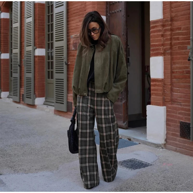 Chic Green Plaid Print Loose Pants Women Casual High Waist Straight Wide Leg Trousers Party Daily Classic Attire 2026 Spring