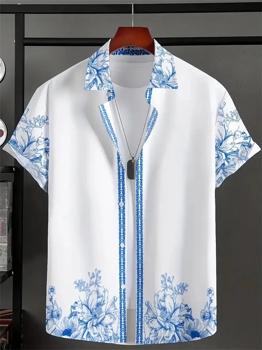 New Summer Men's Shirt with Blue and White Porcelain Floral Print, Short-Sleeve Shirt, Casual Loose-Fitting Lapel Hawaiian Shirt