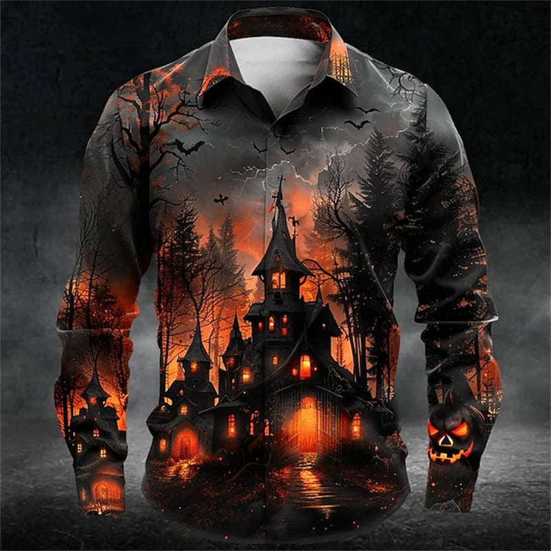 2026 Halloween Fun New Fall and Winter Yellow Shirt Halloween Party Fashion Men's Long Sleeve Tops Temperament Button Down Shirt