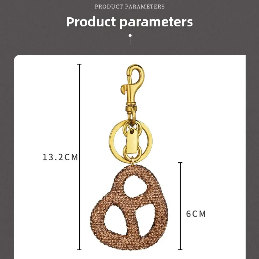 Rhinestone Pretzel Bag Charm Keychain Crystal Gold Hardware Sparkly Purse Pendant Accessory Cute Funny Foodie Gifts For Friends