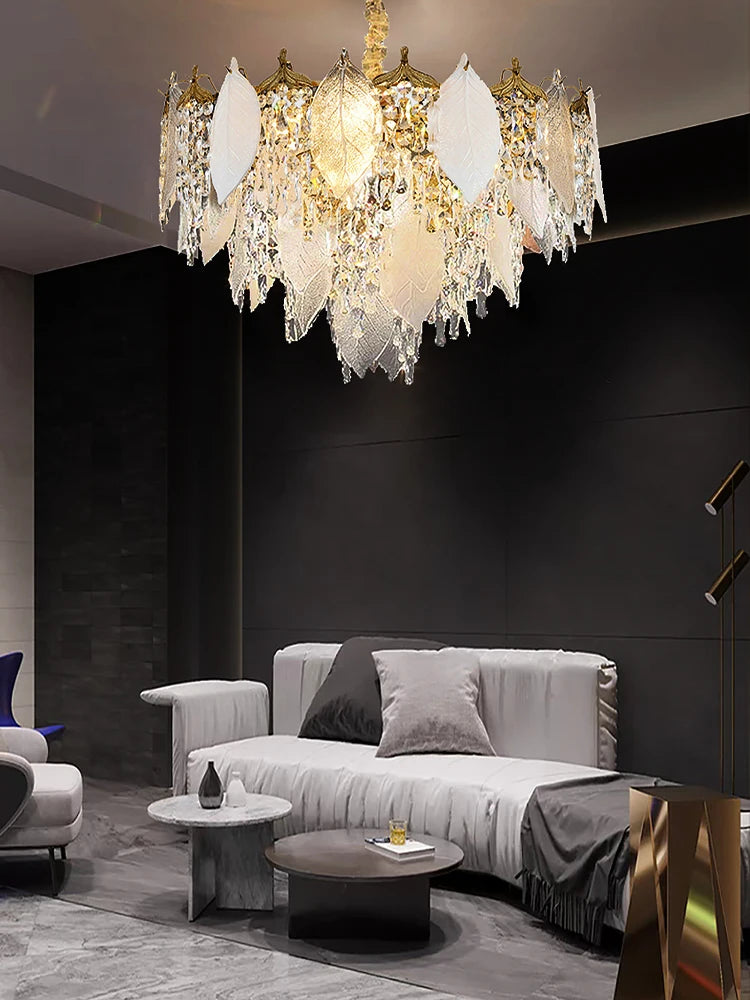 Luxury Porcelain Glass Leaves Chandelier Modern Crystal Hanging Lamps Home Decor Lighting Lustre Villa Living Room Pendant Light