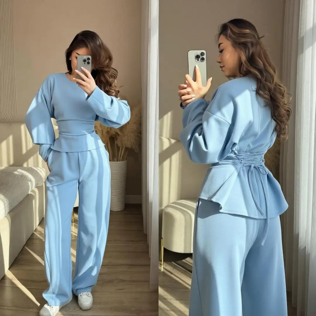 Women's 2 Piece Long Sleeve Top and Wide Leg Pants Set Casual Solid Color Pullover Sweatshirt and Trousers Lounge Wear Outfit