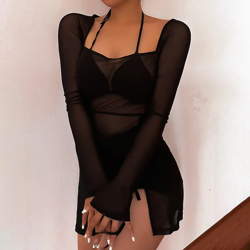 Women's Square Collar Mini Dress Y2K Gauze Long Sleeve Sheer Sexy Night Outfit Clubwear Solid Color