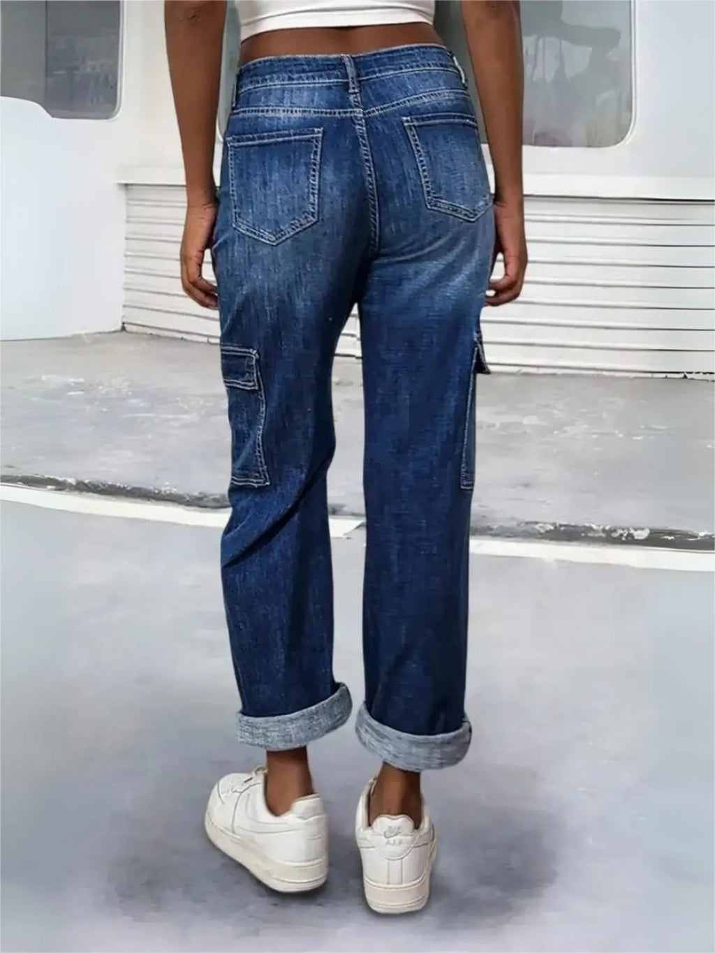 【HME】Jeans | Women Cargo Denim Pants With Side Flap Pockets, Mid‑High Waist Rolled Hem Wide Leg Denim Jeans, Dark Vintage Washed Relaxed Fit Pants For Street Daily Casual Wear